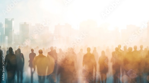 Abstract image of many business people together in group on background of city view with office building showing partnership success of business deal. Concept of employee teamwork, tru : Generative AI