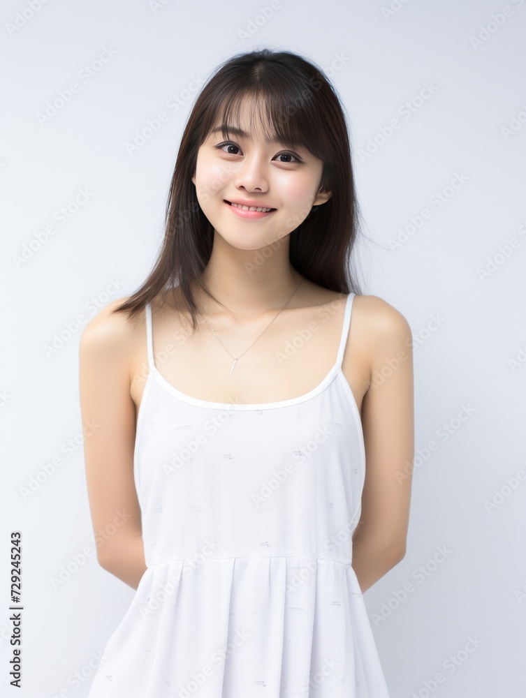 Serene young lady of Asian descent dons comfortable white loungewear, exuding a peaceful expression against a backdrop of pure white. Generative AI. Serene young lady of Asian descent dons comfortable white loungewear, exuding a peaceful expression against a backdrop of pure white. Generative AI.