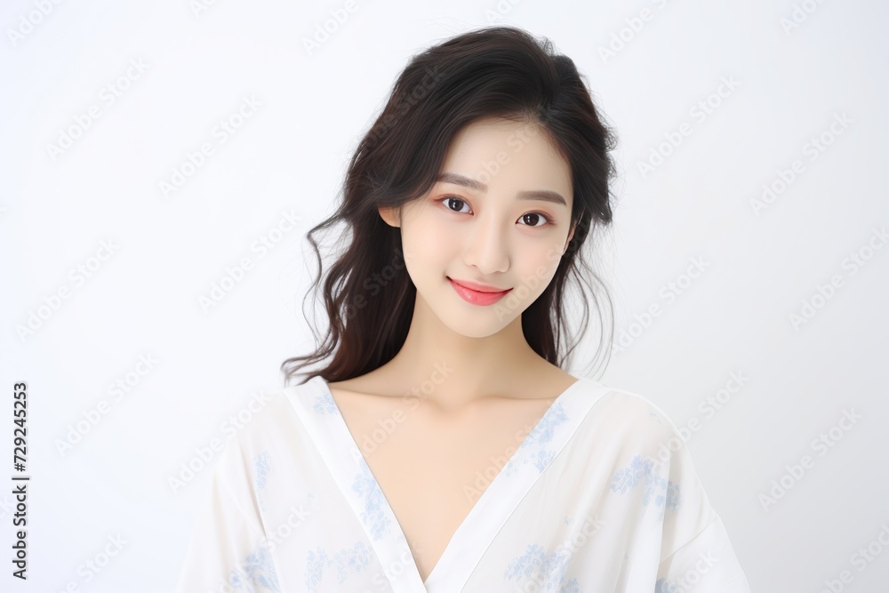 Serene young lady of Asian descent dons comfortable white loungewear, exuding a peaceful expression against a backdrop of pure white. Generative AI. Serene young lady of Asian descent dons comfortable white loungewear, exuding a peaceful expression against a backdrop of pure white. Generative AI.