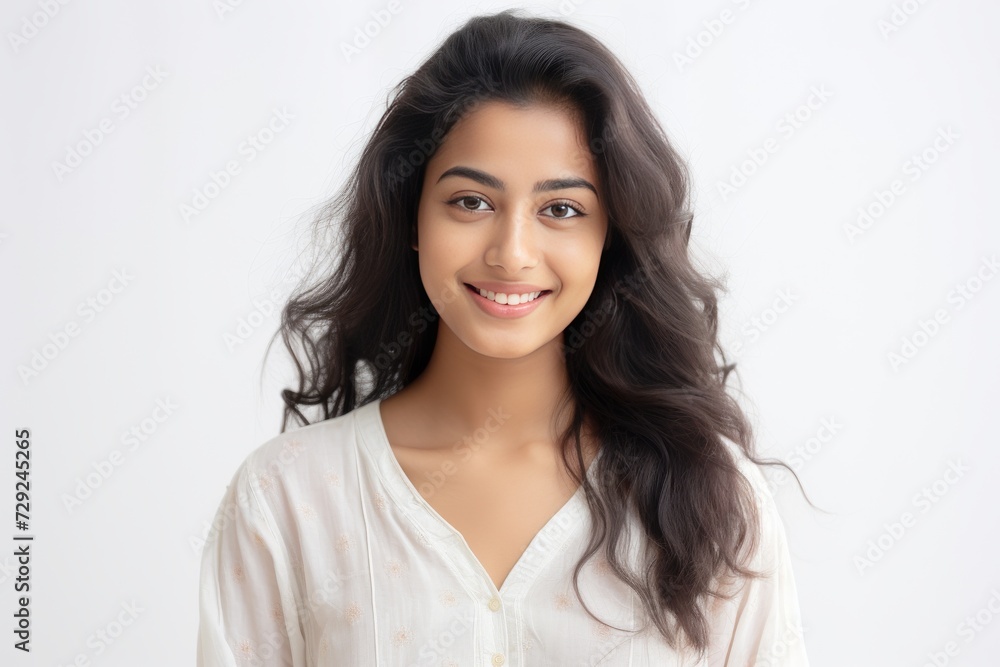 Serene young lady of Asian descent dons comfortable white loungewear, exuding a peaceful expression against a backdrop of pure white. Generative AI. Serene young lady of Asian descent dons comfortable white loungewear, exuding a peaceful expression against a backdrop of pure white. Generative AI.