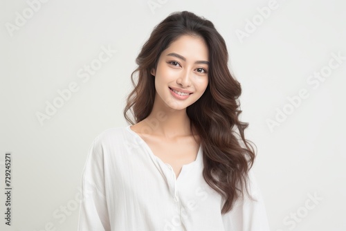 Serene young lady of Asian descent dons comfortable white loungewear, exuding a peaceful expression against a backdrop of pure white. Generative AI.