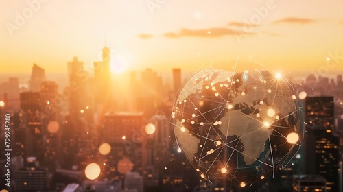Earth globe with digital connection hologram, New York skyline on background. Metaverse and social marketing. Concept of global internet and worldwide network : Generative AI