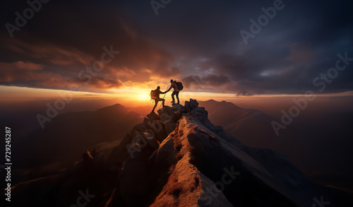 Silhouettes of two people climbing on mountain and helping. Help and assistance concept.