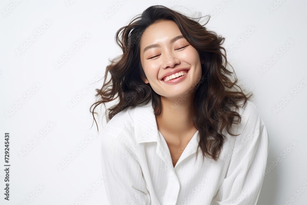 Serene young lady of Asian descent dons comfortable white loungewear, exuding a peaceful expression against a backdrop of pure white. Generative AI. Serene young lady of Asian descent dons comfortable white loungewear, exuding a peaceful expression against a backdrop of pure white. Generative AI.