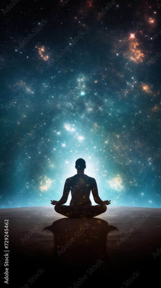 A meditating human silhouette in yoga lotus pose. Galaxy universe background.