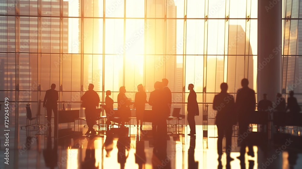 Silhouettes of diverse business people working together, toned image of office interior and skyscrapers. Concept of modern office with managers, partners : Generative AI Silhouettes of diverse business people working together, toned image of office interior and skyscrapers. Concept of modern office with managers, partners : Generative AI