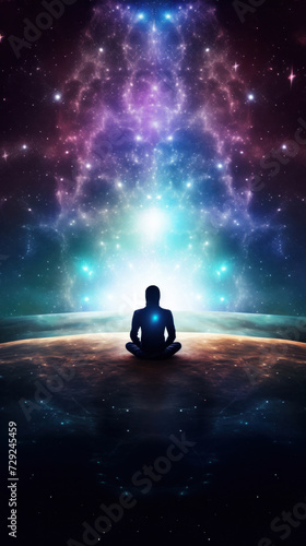 A meditating human silhouette in yoga lotus pose. Galaxy universe background.