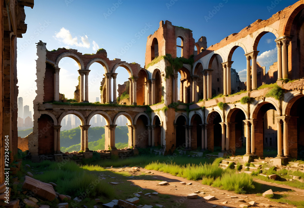 Fototapeta premium City Ruins. Urban. Destruction. Apocalypse. Abandoned. Post-Apocalyptic. Desolate. Decay. Wasteland. Disaster. Ruined Buildings. Broken. Devastation. Urban Landscape. Destruction Concept. AI Generated