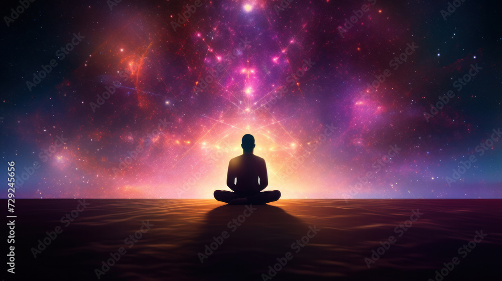A meditating human silhouette in yoga lotus pose. Galaxy universe background.