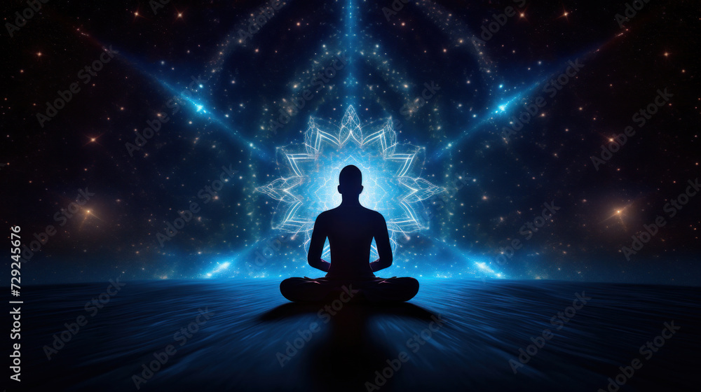 Fototapeta premium A meditating human silhouette in yoga lotus pose. Galaxy universe background.