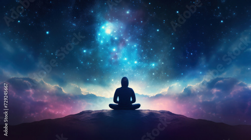 A meditating human silhouette in yoga lotus pose. Galaxy universe background. photo