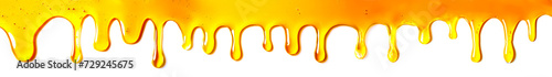 image of golden drops of honey flowing down on a white background; it can be used in food or cosmetic advertising