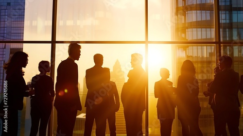 Silhouette view of business people team in group meeting on city office building background showing partnership success of business deal. Concept of teamwork, trust and agreement. : Generative AI