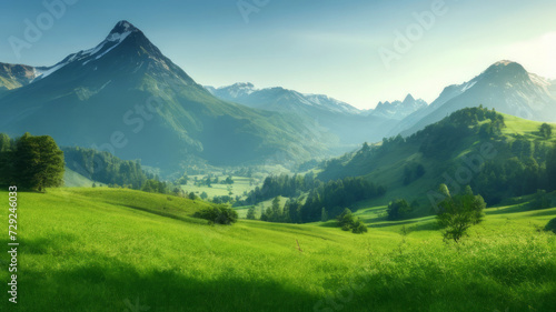 Very beautiful mountain and natural views in the morning, with nice green grass