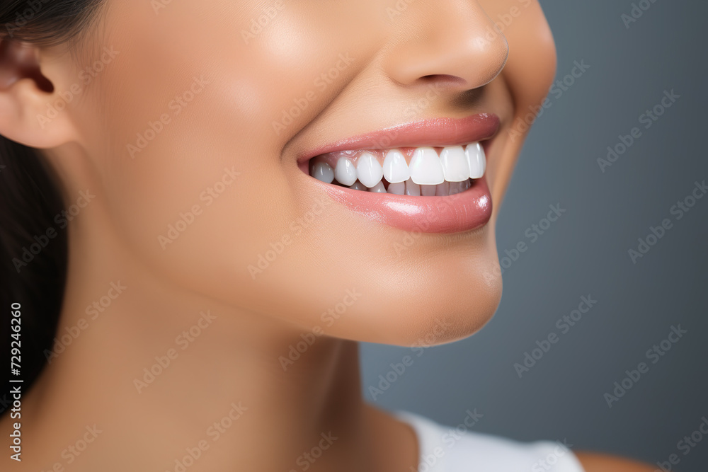Obraz premium Beautiful smile of young fresh woman with great healthy white teeth. Closeup.