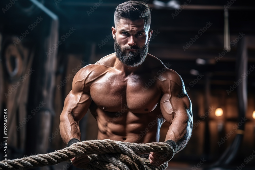 Muscular man engages in intense training by pulling a heavy rope in a cross-training gym. Muscular man engages in intense training by pulling a heavy rope in a cross-training gym.