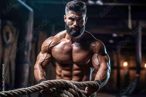 Muscular man engages in intense training by pulling a heavy rope in a cross-training gym.