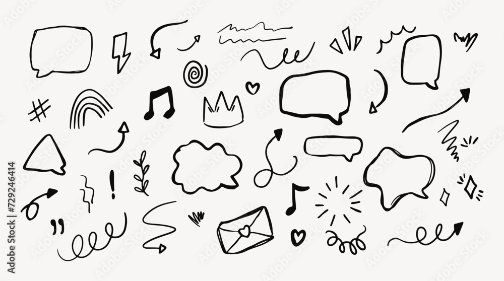 Set of hand drawn doodle line elements, heart, speech bubble, arrows, chat. Set of hand drawn doodle line elements, heart, speech bubble, arrows, chat.