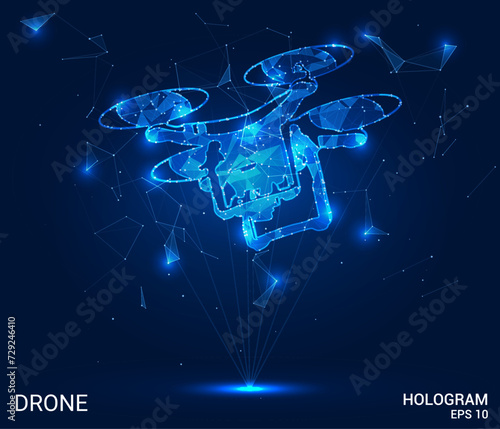 A hologram drone. A quadcopter made of polygons, triangles of points and lines. The drone has a low polygonal connection structure. Technology concept vector.