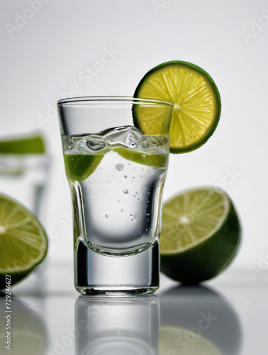 Photo Of Glass Shot Of Tequila With Lime Isolated On White Background