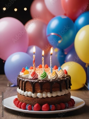 Photo Of Of A Birthday Cake And Balloons