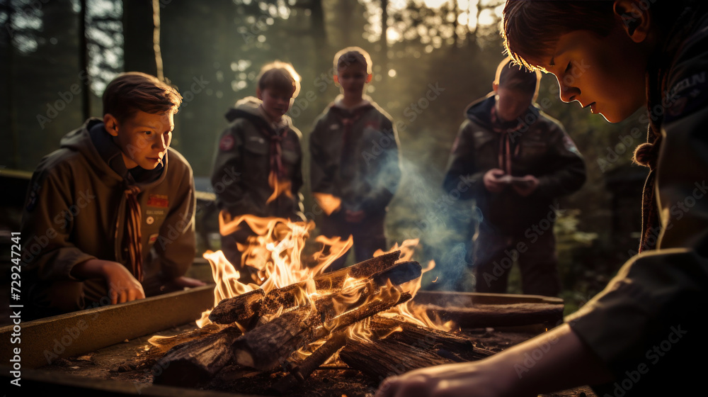 Group of boys scouts learning essential outdoor skills, cooking over an open fire.