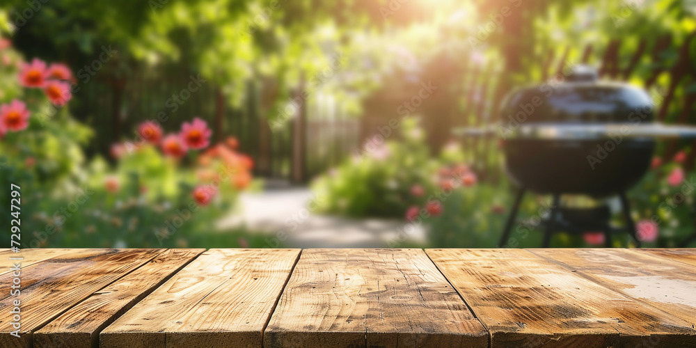 empty wooden table on blurred garden background with barbecue grill in summer empty wooden table on blurred garden background with barbecue grill in summer