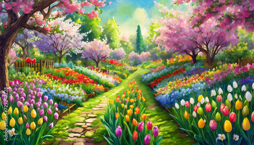 Springtime Easter garden scene with rows of blooming flowers art design illustration
