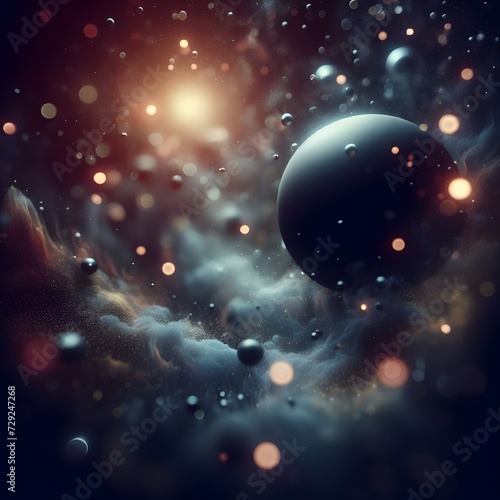close up angle of black floating on air, detailed focus, deep bokeh, beautiful, dreamy colors, dark cosmic background. AI Generated