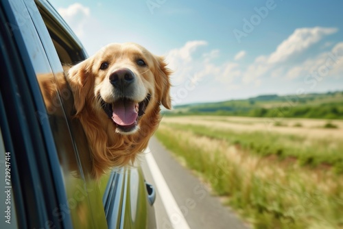 animal travel, happy dog with head out of the car window having fun, traveling concept