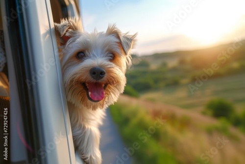 animal travel, happy dog with head out of the car window having fun, traveling concept © BOONJUNG