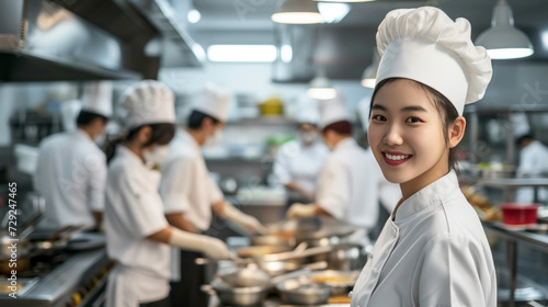 Young Asian female cook in commercial restaurant kitchen, team of chefs in the background