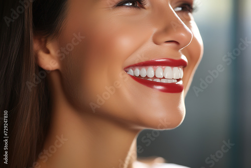 Close-up of woman s smile with white healthy teeth.