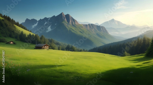 Very beautiful mountain and natural views in the morning, with nice green grass