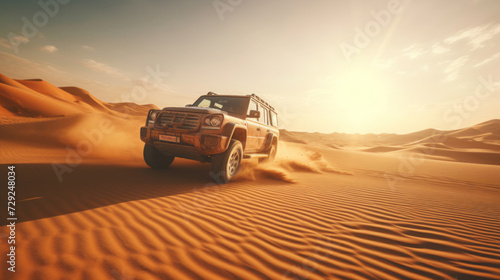 Off-road driving fast in the desert bashing sand dunes. © Wararat