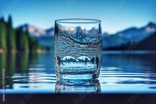 Glass of water on the background of the mountains, lake and forest