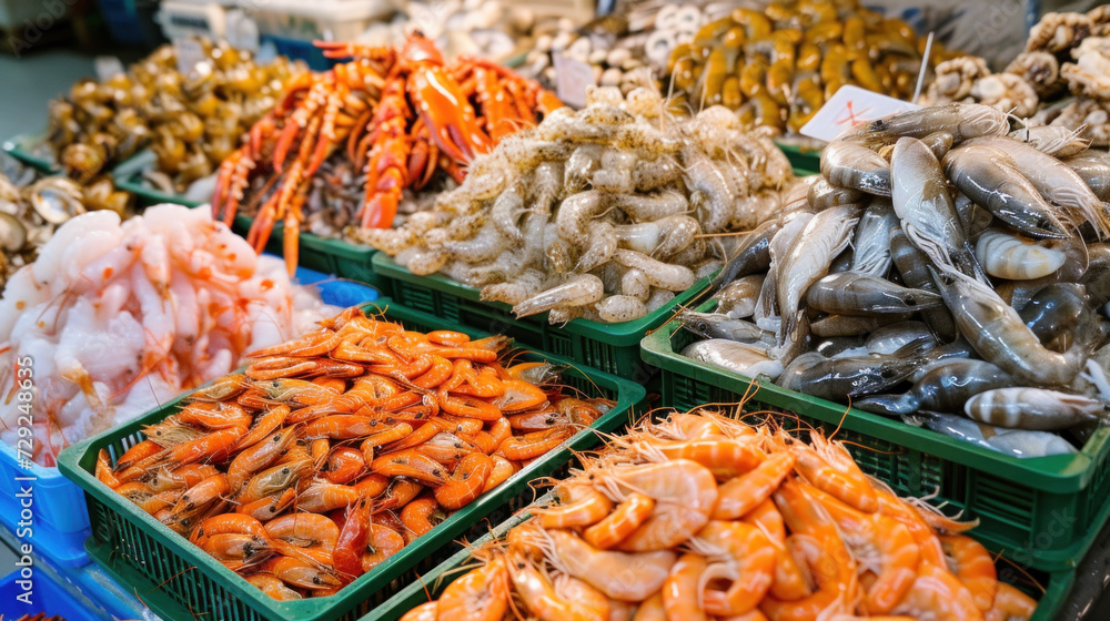 Fototapeta premium A lot of fresh seafood on local fish market