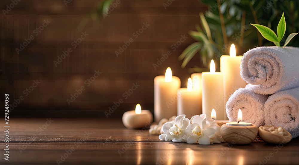 A Stack Of Towels And Candles On A Wooden Table