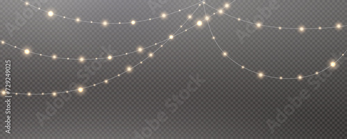 Christmas garland isolated on transparent background. Glowing colorful light bulbs with sparkles.Xmas, New Year, wedding or Birthday decor. Party event decoration. Winter holiday season element.