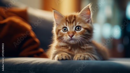 Cute cat indoors in a blurry living room background. A ginger cat is sitting on the floor in a cozy living room. Interior decor © ND STOCK
