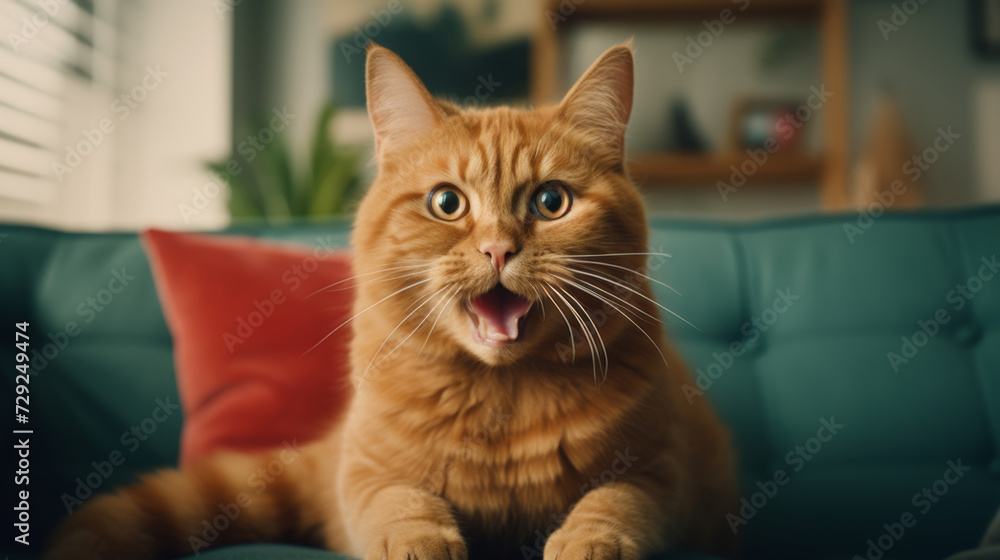 Cute cat indoors in a blurry living room background. A ginger cat is sitting on the floor in a cozy living room. Interior decor