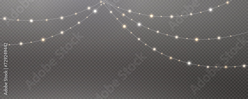 Christmas garland isolated on transparent background. Glowing colorful light bulbs with sparkles.Xmas, New Year, wedding or Birthday decor. Party event decoration. Winter holiday season element.