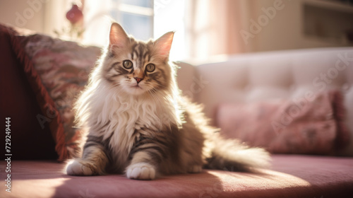 Wallpaper Mural Cute cat indoors in a blurry living room background. A ginger cat is sitting on the floor in a cozy living room. Interior decor Torontodigital.ca
