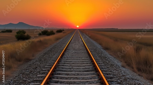 Railroad photography with an orange sunset with the sun sinking into the horizon - AI Generated Digital Art