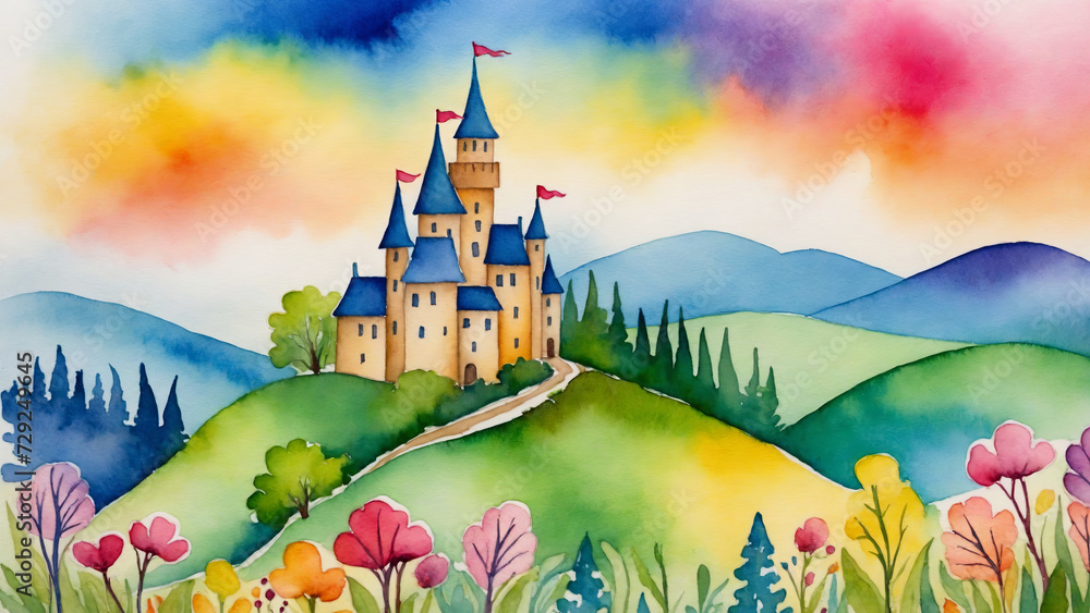 Watercolor illustration of a fairy tale castle on a hillside