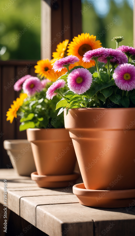 Gerbera flowers in terracotta pots on wooden table