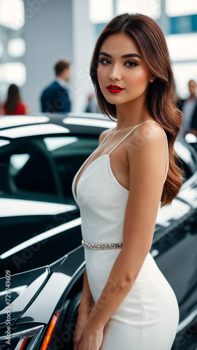 Attractive young woman in white dress standing near new car in showroom © DAndreev