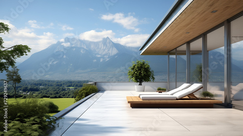 Modern Mountain View Home With Expansive Terrace and Serene Landscape. The concept of escapism  a serene life away from people  the luxury of solitude.