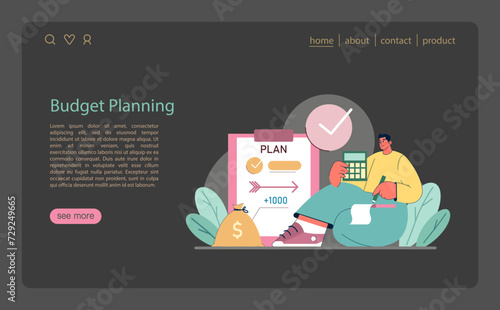 Budget Planning concept. Illustrating financial foresight with calculative saving and expenditure tracking. Blueprint for monetary success. Flat vector illustration.