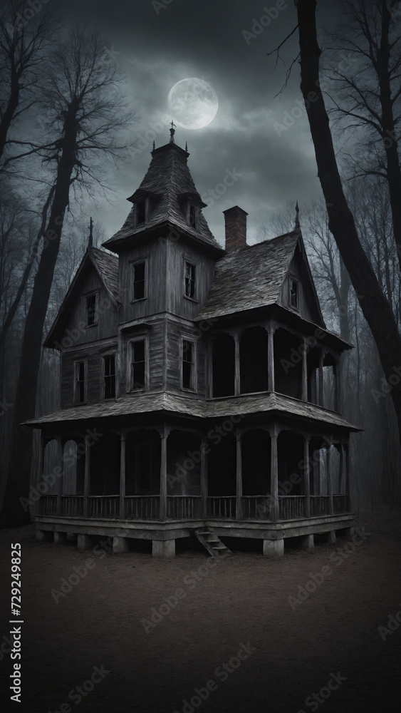 Haunted house in the forest at night with full moon